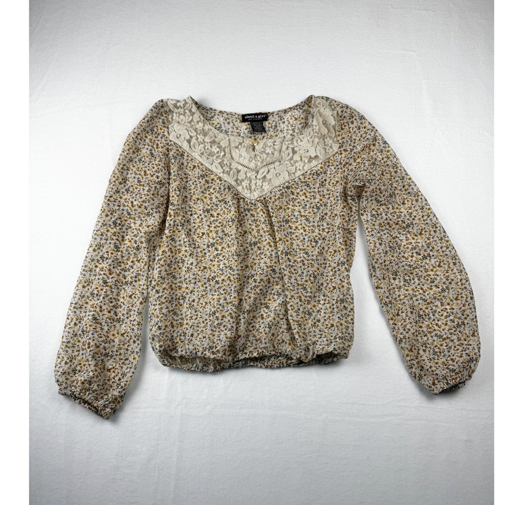 About A Girl Floral Lace Yoke Sheer Blouse Small Mustard Blue Boho B0764H3981